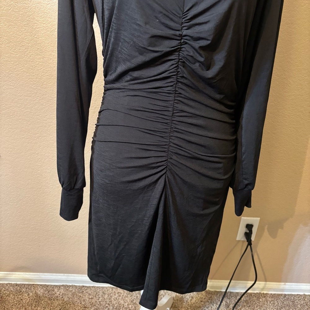 NWT 19 Cooper Dress Large Black Long Balloon Sleeves Ruched Lined Sexy Stretch - Picture 4 of 15